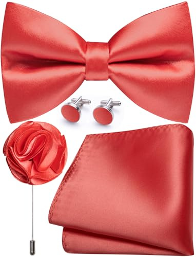 Ailisus Nœud papillon uni en satin pré-noué et pochette de poche avec boutons de manchette pour mariage