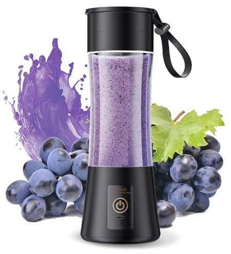 Portable Blender, Mini Blender for Travel, Office, 1400 mAh, USB Rechargeable, Bottle for Smoothies and Shakes, 380 ml, 6 Blades, Black