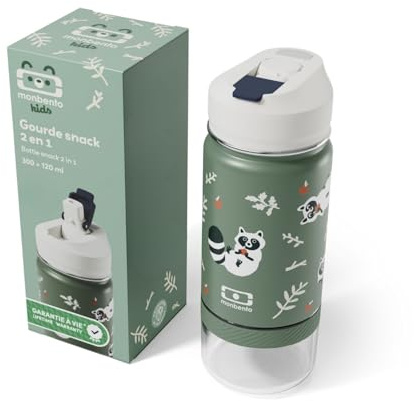 monbento - MB Twisty - 2-in-1 Trinkflasche mit Snackfach für Kinder - 300 ml - Isolierflasche aus Edelstahl mit integriertem Snackbehälter - Auslaufsicher & BPA-frei - Grün Raccoon