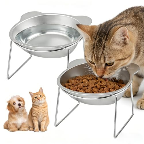 Elevated Cat Bowls 2 Pack,5 Inch Wide Stainless Steel Cat Food Bowl,15° Tilted Raised Cats Feeding Dishes with Metal Stand,Raised Water Bowl for Small Cats/Dogs