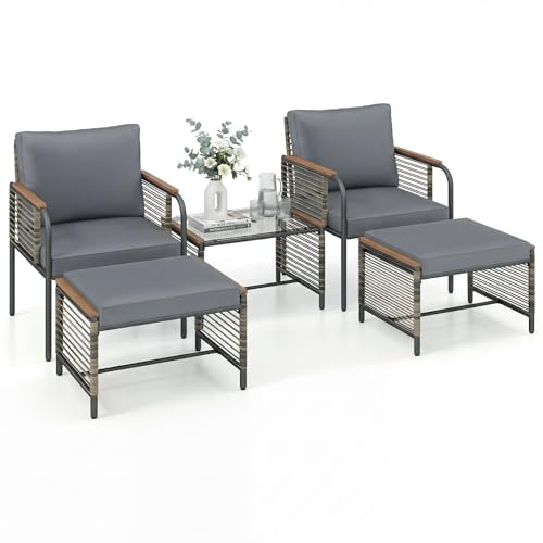 LIFEZEAL 5-teiliges Rattan Gartenmöbel Set, Balkon Möbel Set mit Hocker, Lounge Balkonmöbel Set wetterfest mit Gartentisch, Sitzgruppe Relaxsessel mit Kissen für Terrasse, Balkon, Garten (Grau)