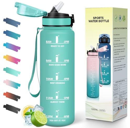 Mulbijeo Botellas de Agua, 1 Litro BPA Free, Botella Gimnasio, con Escala de Tiempo Motivacional, Cantimplora, Reutilizable, Garrafa de Agua, Ideal para Escuela, Oficina, Deporte, Botella con Pajita