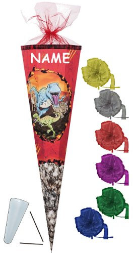 Schultüte - Dinosaurier 22 cm - incl. Namen und Schleife mit Tüllabschluß - Zuckertüte Nestler Dino Dinos Saurier T-Rex Urzeit Urwald