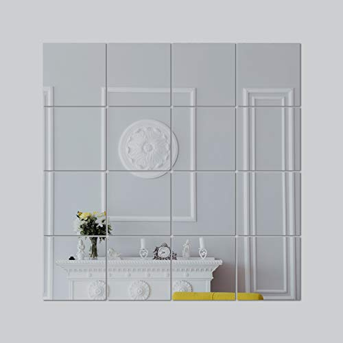 Removable Self-Adhesive Wall Stickers Square Mirror Wall Art Mural Decals Vinyl Home Decoration DIY Living Bedroom Décor Wallpaper Kids Room Gift 62x62 cm, Silver
