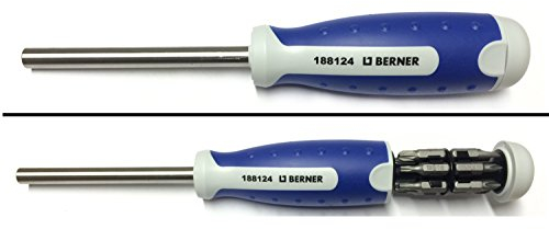 Berner Megapro Schraubendreher Schraubenzieher mit Bit Magazin im Griff inkl. 12 Bits Rundklinge mit Magnet lange Ausführung Bit Magazin Schraubendreher Torx Bitset
