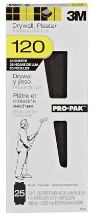3M Pro-Pak Drywall Sanding Paper, 25 Sheets, 120 Grit, 4.2 in x 11.25 in, Pre-Cut Sheet Fit Most Drywall Sanding Tools, Heavy-Duty Paper Backing Resist Tearing, Resist Clogging For Longer Life (99430)