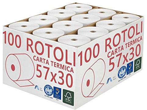 Confezione 100 Rotoli Termici mm 57x30 mt Omologati per Registratore di Cassa Carta Termica 1^ Qualità