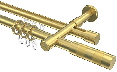 INTERDECO Rundrohr-Innenlauf-Gardinenstange 20 mm 2-läufig, moderne Rohr-Innenlaufstange aus Metall, Messing-Optik, zur Wandmontage, Typ 10223526, 400 cm