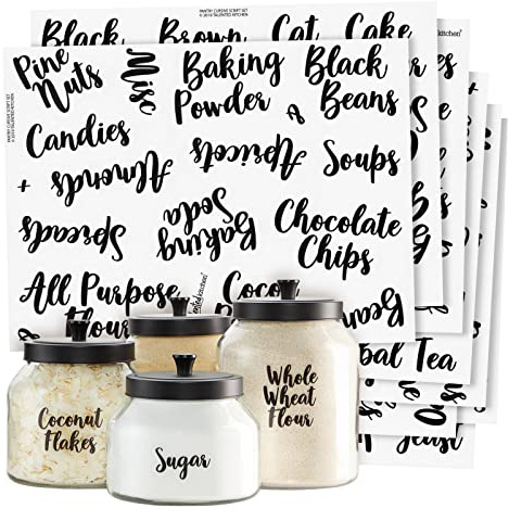 Talented Kitchen 135 Pantry Labels for Food Containers, Preprinted Clear Kitchen Food Labels for Organizing Storage Canisters & Jars, Black Cursive + Numbers Stickers (Water Resistant)