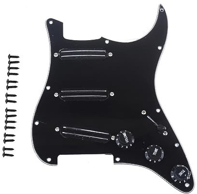 Musiclily 11-Loch Loaded Prewired Pickguard ST Gitarren Vorverdrahtetes Schlagbrett mit Hot Rails Humbucker Pickups Single Coil Format Set für Fender Squier Strat E-Gitarre, 3 lagig Schwarz
