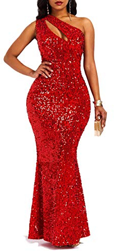 VERWIN Robe moulante sans manches à col oblique sirène à paillettes pour femme, Rouge, Taille XL
