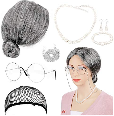 HOWAF Oma Kostüm Alte Frau, Old Lady Kostüm Großmutter Cosplay Zubehör Set Oma Perücke, Perücke Kappe, Oma Brille mit Kette, Perlenkette Ohrringe Armband für Fasching Karneval Mottoparty, 7 Stück