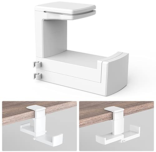 Dual Headphones Stand Holder, Klearlook 3-Part 360° Rotation Adjustable Springed Clip Headset Hanger Built-in Cable Loop,Space-Save Desk Clamp Headset Hook Earphone Mount-White