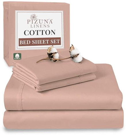 Pizuna 100% Cotton Super King Bed Sheet Set Rose Pink, 400 Thead Count Long Staple Cotton Bedding Set 300x280 cm, Soft Sateen 4 PC King Bed Sheet Set -Fitted Sheet, Flat Sheet & 2 Pillowcases