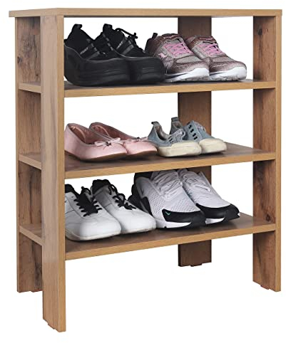 RICOO Schuhregal schmal und hoch 70x55x32cm Standregal Pressholz Eiche Braun WM039-EW, Schuhständer mit 3 Ebenen, Schuhschrank offen, Schuhablagen Flur Shoe Rack, Schuhablage klein, Schuhregale