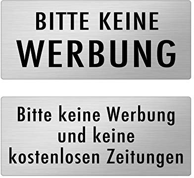 2 Stück Bitte keine Werbung, keine kostenlosen Zeitungen Schild - dauerhafte Lasergravur wetterfest - Edelstahl Optik gebürstet - Briefkastenschild selbstklebend inkl. 3M Aufkleber