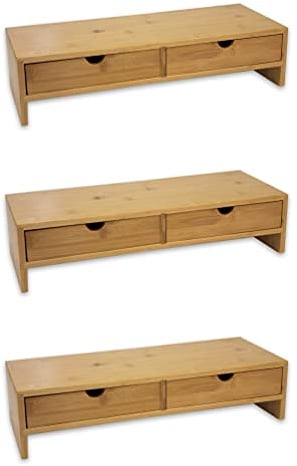 Osco Bamboo Monitor Stand Riser with 2 Drawers – 3 Pack Fully Assembled Sustainable MOSO Bamboo Desk Raiser for Computer, Laptop, or Printer – Natural Wood Finish, 11×47×18 cm