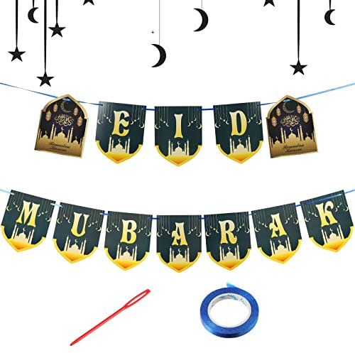 Zonon Eid Mubarak Banner Set Ramadan Ammer Banner Muslim Ramadan Party Dekorationen Liefert Iftar Gedruckt Zieh Flagge Mubarak Ammer Hängendes Banner für Haus Wand Tür Hof Hintergrund Dekor