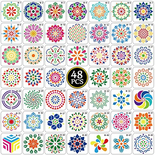 48 Stück Mandala Schablone Set, Laserschnitt Malschablone, Wiederverwendbare Schablonen, Mandala Schablone, Mandala Dotting Schablonen, für Wand, Stein, Holz Möbel, Malen Vorlagen Kinder