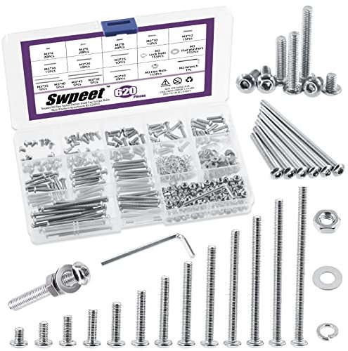 Swpeet 620 bulloni M3 Metric 304 in acciaio inox con testa a bottone esagonale, viti e dadi esagonali con rondelle piatte e rondelle di bloccaggio divise