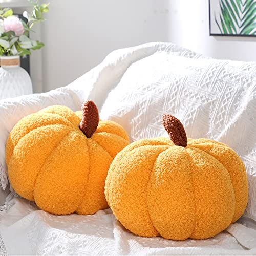 2 Stück Kürbis Dekokissen 11 x 9,5 Zoll Herbst Erntedankfest 3D Kürbis Zierkissen Kürbis Sofa Kopfkissen Heim Dekoration für Auto Schlafzimmer Sofa Couch Wohnzimmer (Gelb)