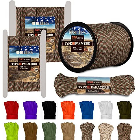 HERCULES 550 Paracord 4mm Type III 7 Strands Parachute Cord, 50' Forest Camo Utility Rope for Crafting, DIY, Camping, Survival, Outdoor