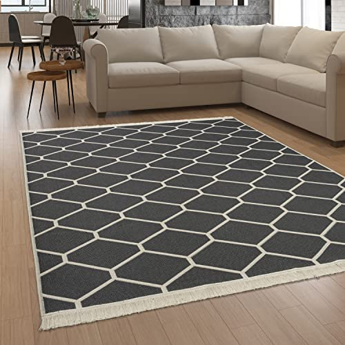 Paco Home Teppich Wohnzimmer Schlafzimmer Boho Design Waschbar Bis 30 Grad Skandinavisch Mit Fransen Wendbar Moderne Deko, Grösse:60x180 cm, Farbe:Anthrazit 5