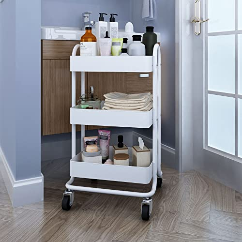 [en.casa] Chariot de Service Polyvalent Desserte Cuisine Salon Salle de Bains 3 Paniers Étagère de 3 Surfaces Meuble de Rangement Espaces de Stockage à Grille Acier 79 x 46 x 35 cm Blanc