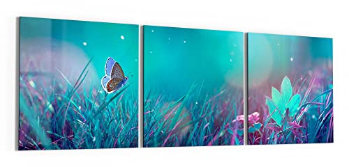 DEQORI Lot de 3 tableaux en verre acrylique - Motif prairie féerique - horizontal - 150 x 50 cm - Grande décoration XXL - Décoration murale pour salon, chambre à coucher, couloir et cuisine -