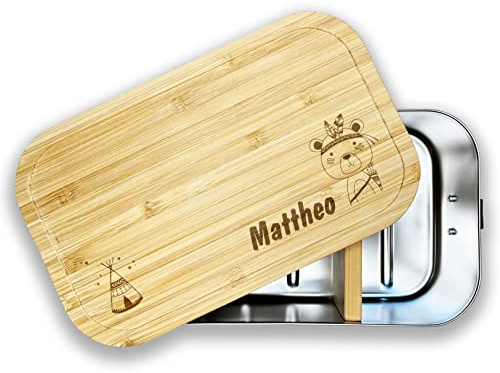 Unikatolo Brotdose mit Name personalisiert | Geschenkidee für Kinder Schulanfang Geburtstag Ostern Weihnachten | Edelstahl Lunchbox mit Bambusdeckel (Kleine Brotdose, Bär)