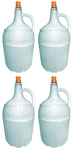 ACAN Tradineur – Pack de 4 Garrafones de cristal con forro de plástico - Capacidad de 5 Litros - Botella para el almacenaje y conservación de bebidas- Ø 18 x 37 cm - Color Blanco