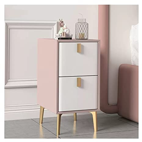Nachttisch Moderner Nachttisch, rosa Kunstleder-Nachttisch mit 2 Schubladen, schmaler Bett-Beistelltisch mit goldenen Metall-Tischbeinen, Mädchen-Damen-Beistelltisch for Wohnheim, rosa + weiß Nachtsch