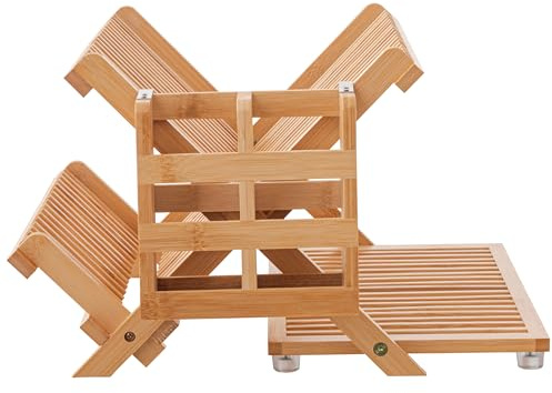 HBlife Bamboo Dish Drying Rack with Utensil Holder, 3-Tier Large Collapsible Wooden Dish Drainer Rack, Folding Drying Holder Dish Drainer for Kitchen Counter