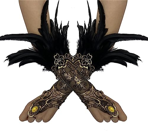 MoreChioce 1 Paar Vintage Federhandschuhe, Damen Feder Spitze Fingerlose Lange Handschuhe Federarmhandschuhe Armkette für Hochzeit Party Halloween,Schwarz