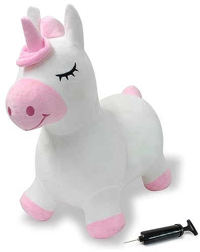 JAMARA Hüpftier Einhorn mit Plüschbezug und Pumpe - Tierohren dienen dem Kind als Halt, wiederstands- und strapazierfähig, pflegeleicht, waschbar, Hüpfball, Weiß