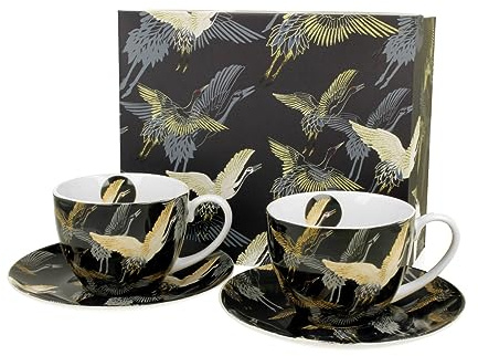 DUO ART GALLERY 2er-Set Tassen 280 ml CRANES AT NIGHT mit Untertassen, New Bone China Porzellan