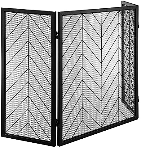 Kaminschutzgitter aus Eisen, 3 Paneele, stabiles Funkenschutznetz, Kaminschutzzaun für Holzbrenner/Ofen (schwarz)