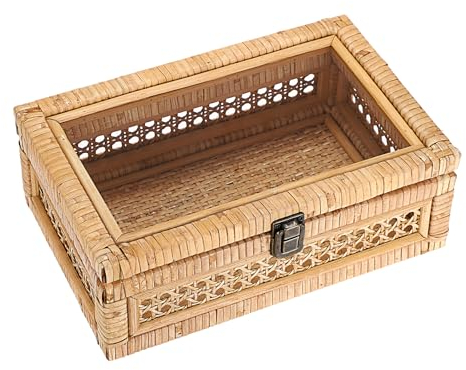 IGNPION Rattan Decorative Box with Lid, Woven Shelf Storage Basket Rectangular Rattan Keepsake Display Box Boho Style Desktop Basket for Home Décor(S)