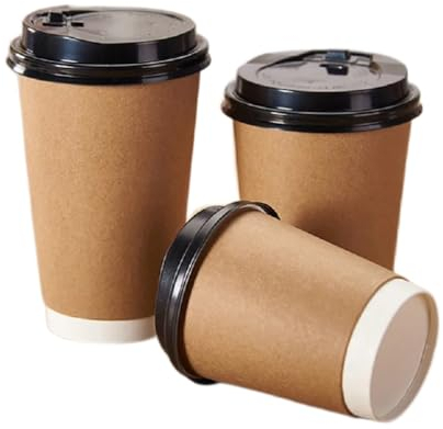 Kraft Disposable Paper Cups with Lids 12oz 16oz Brown with Black lids Kraft Disposable Paper Cups with Lids 12oz 16oz Brown with Black lids Hot Cold Drinks Cappuccino Espresso (50, 16oz/473ml)