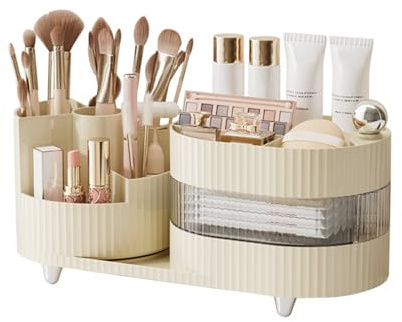 DASITON Make up Kosmetik Organizer,360° Drehbarer Make Up Pinsel Organizer,Großer Kapazität Kosmetik Aufbewahrung mit Schubladen,Schmink Organizer für Frisiertisch,Schlafzimmer,Badezimmer(Creme)