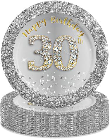 MORAINJAY 16pc 7 Silver Glitter Birthday Paper Dessert Plates, Glamorous Diamonds Style, Perfect for 30th Birthday Parties