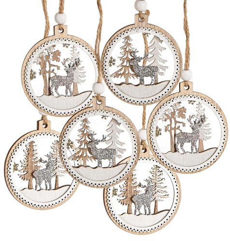 Logbuch-Verlag 6 Weihnachten Holz Anhänger Winterlandschaft weiß Silber Winter Deko Weihnachtskugel flach Ø 6,5 cm