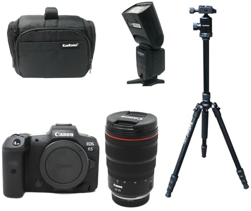 KamKorda Camera Bag + Flash + Tripod + R5 Mirrorless Digital Camera + RF 24-70mm f/2.8L IS USM Lens, 45MP Full-Frame CMOS Sensor, DIGIC X Processor, 8K30 Raw and 4K120 10-Bit Video + 2 Year Warranty