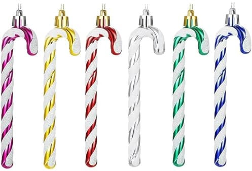 6 PCS 13cm Glitter Candy Cane Christmas Tree Decorations - Twisted Plastic Ornaments, Colorful Hanging Ornaments