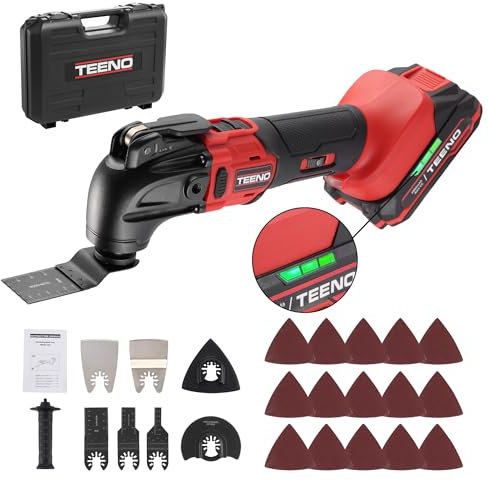 TEENO Outil Multifonction Oscillant 20V, Brushless Outil Multifonction Sans Fil avec 6 Vitesses Variables, 8500-21000 tr/min, Chargeur, Angle Oscillant 4°, Pour Racler, Polir, Couper