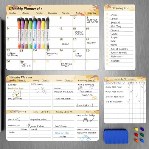 MARSROCK Magnetic Calendar for Fridge (4-Pack) Weekly & Monthly Planner, Household Chore Charts Shopping Lists,to Do Lists Whiteboard with 8 Markers 6 Magnets and 1 Eraser for The Home Kitchen,Yellow