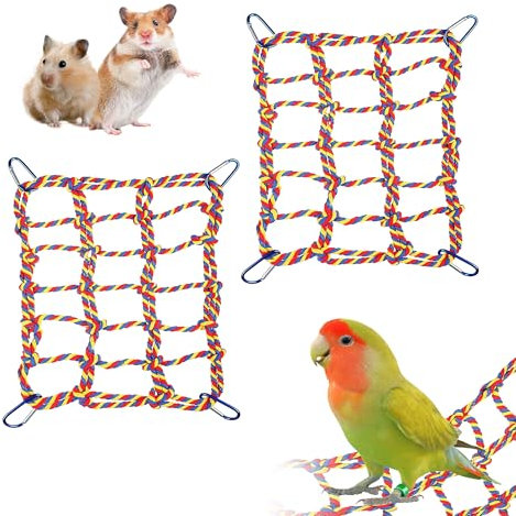 CQJ 2 Pcs Rat Climbing Ropes for Cage Accessories - Rat Toys with 12.6 x 9.84 inch Hammock, Cotton Rope Bridge with 4 Hooks (mixed)
