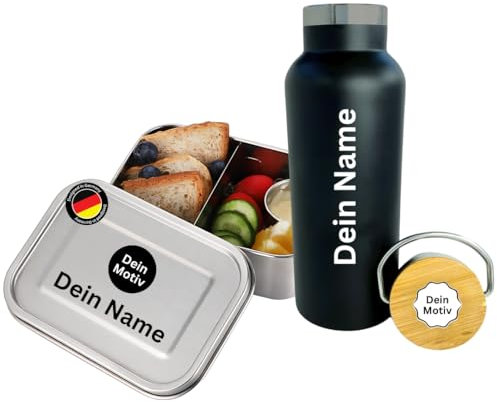 Personalisiertes Premium Brotdosen und Flaschen-Set aus Edelstahl mit Namen,Text und Motiv gelasert – über 100 verschiedene Motive – Auslaufsicher (Brotdose und Flasche-Set, 1200ml Brotdose)