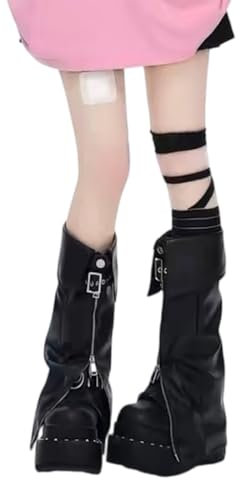 MZRAN Scaldamuscoli per donne e ragazze, Harajuku Punk PU scaldamuscoli in pelle PU con cerniera fessura risvolto polsino fibbia svasato ghette ginocchio calzini lunghi stivali, Nero , M