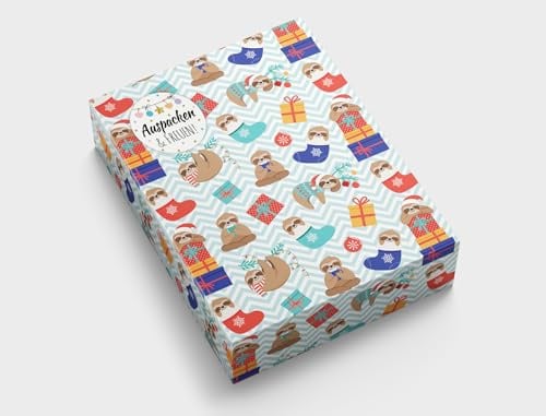 Geschenkpapier Weihnachten Weihnachtsmotiv in A3 Format + Aufkleber + Klebepunkte/Geschenkpapier für kleine Geschenke/Faultier (18 Bögen in DIN A3 + 18 Aufkleber + 75 Verschlusspunkte)